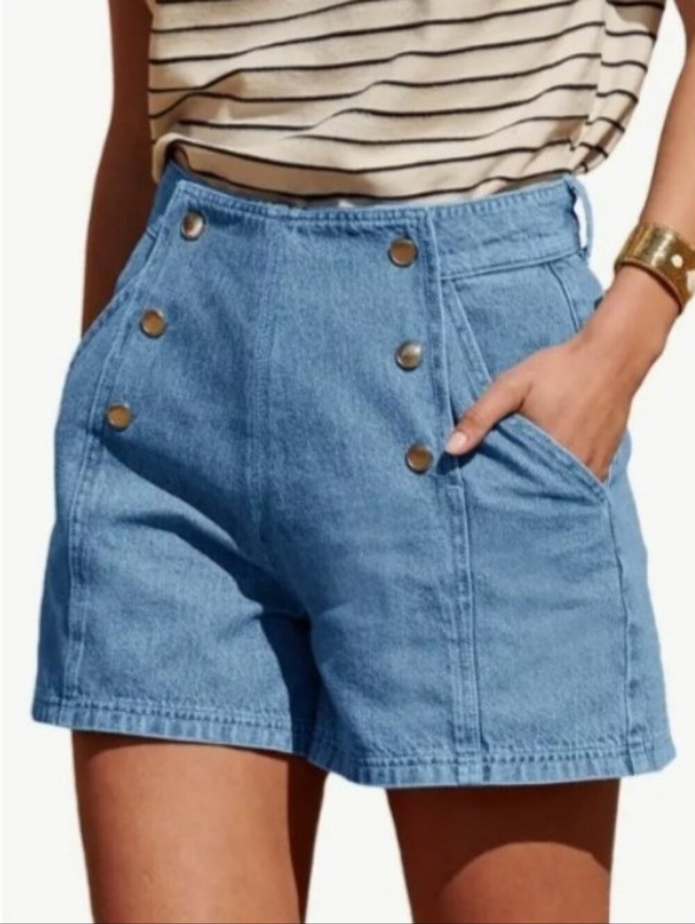 High-Waist Light Blue Denim Sailor Shorts